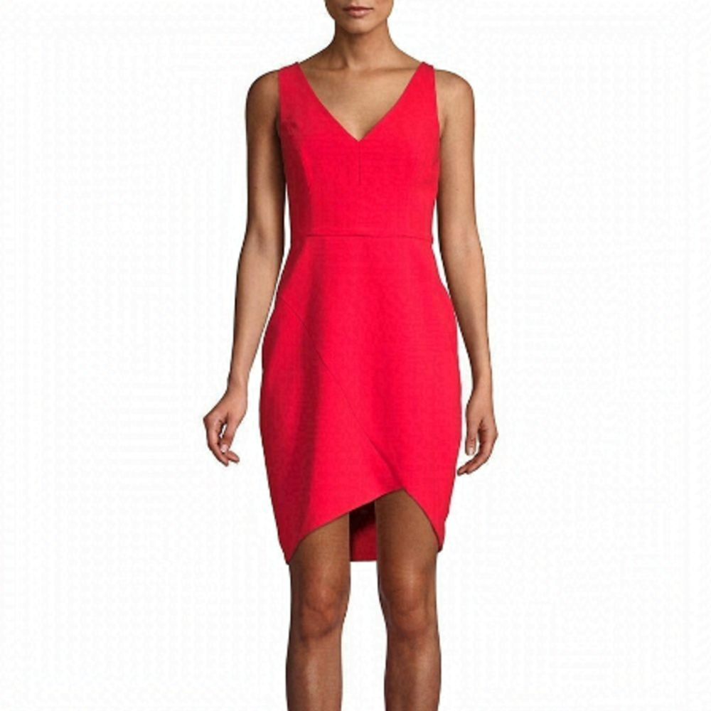 BCBGMAXAZRIA Sleeveless Double-V Sheath Asymmetrical Mini Dress Red 4
